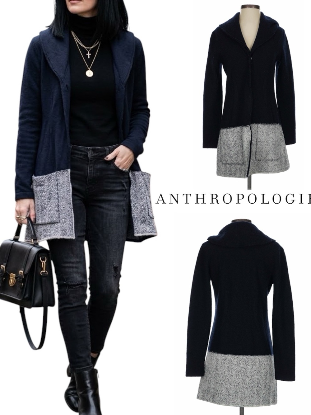 Anthropologie Navy and Gray Hooded Pocket Cardigan